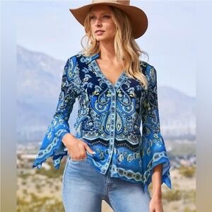 Boston Proper Blue Paisley Border Print Button-Down Flare Bell Sleeve Top